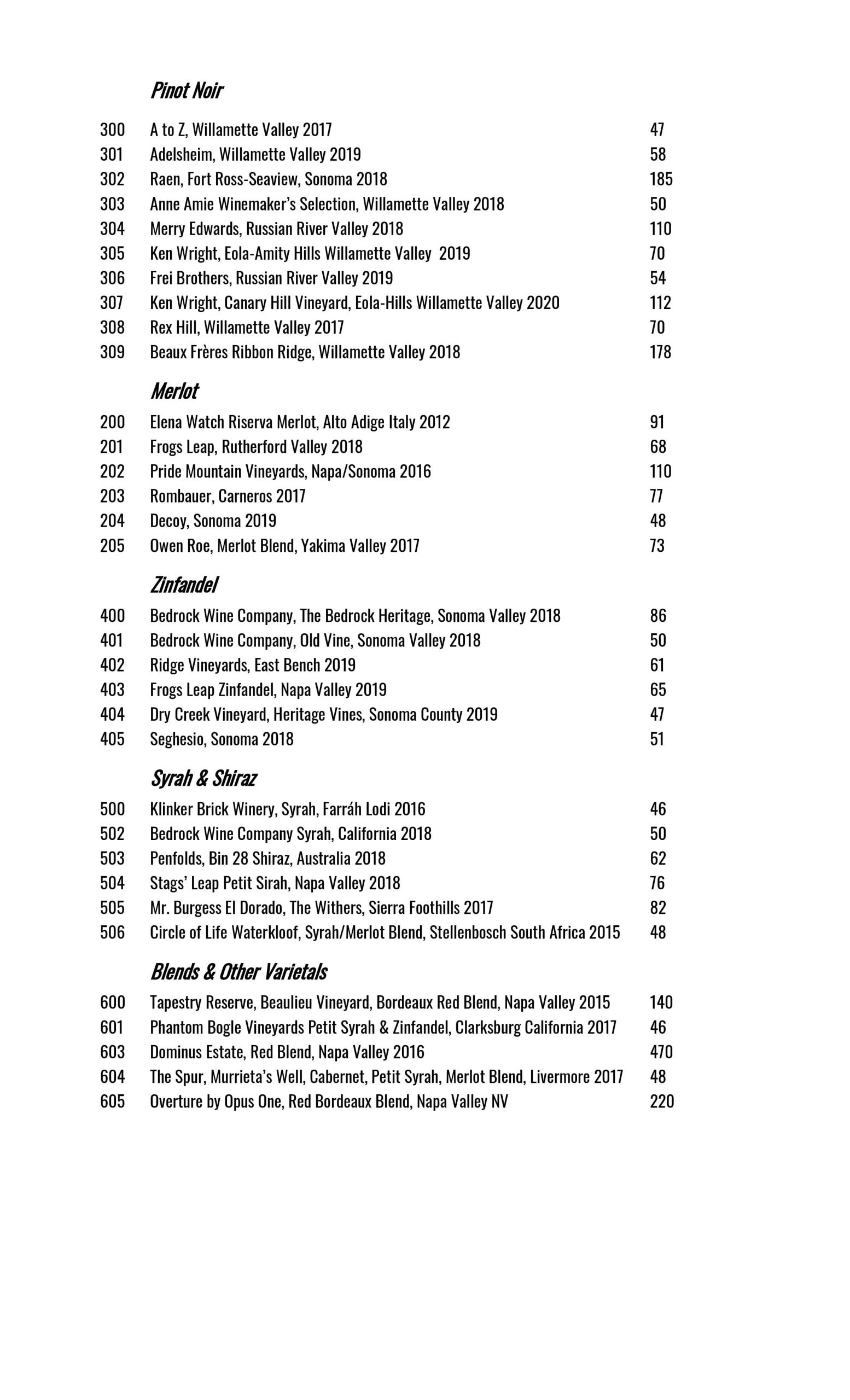 Wine Menu Reluctant Panther Inn