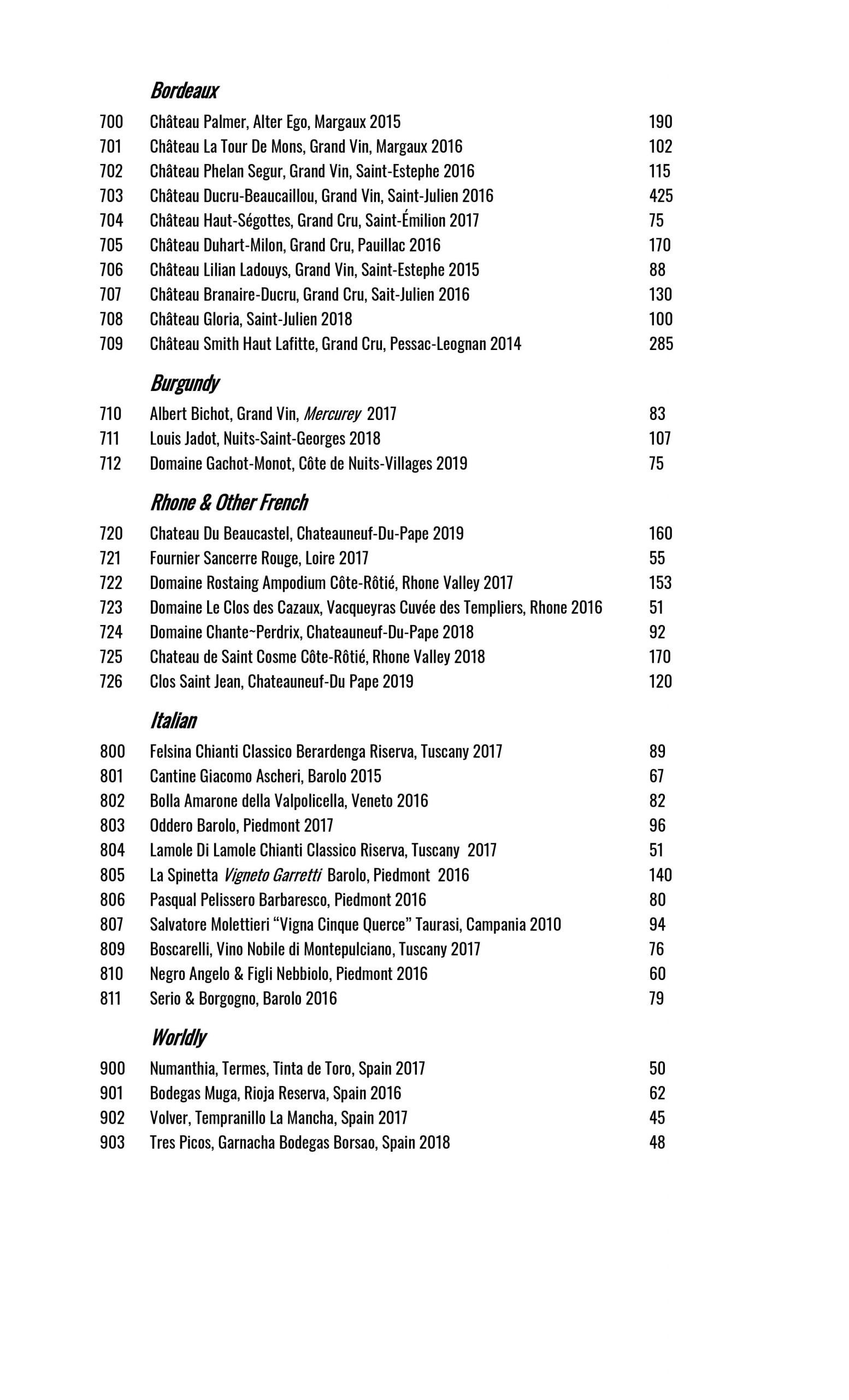 Wine Menu Reluctant Panther Inn